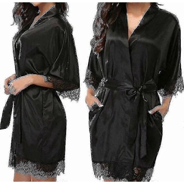Satin Robe Wedding Bride Bridesmaid Kimono Dressing Gown Sleepwear Bathrobe Grey S