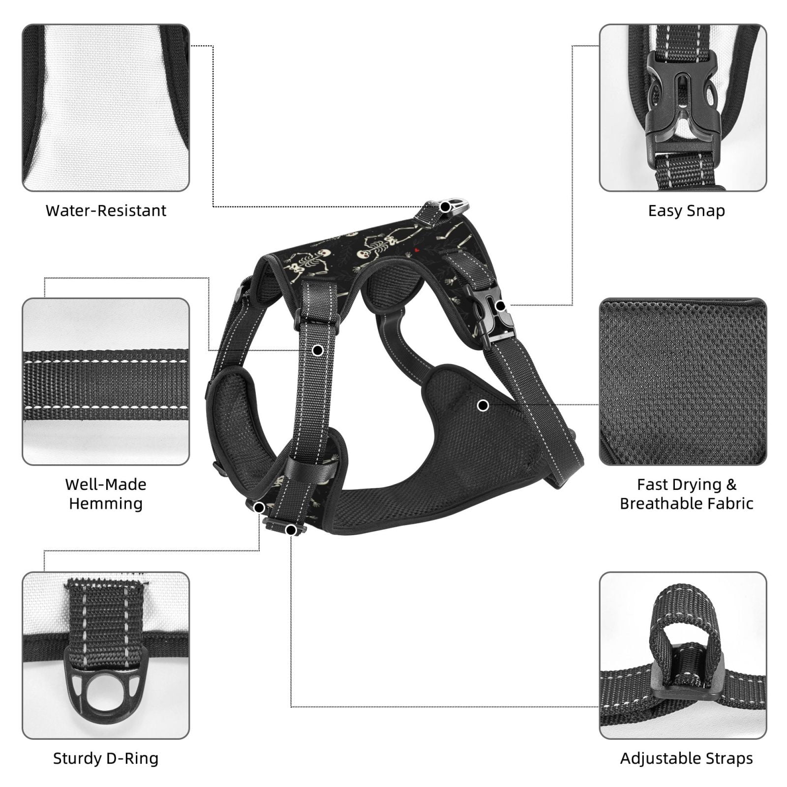 Fuzoiu Happy Skeletons Dancing Print Reflective Dog Harness,Adjustable, Breathable Pet Vest,Dog Harness No Pull,No Choke Pet Vest for Small, Medium, and Large Dogs-Large