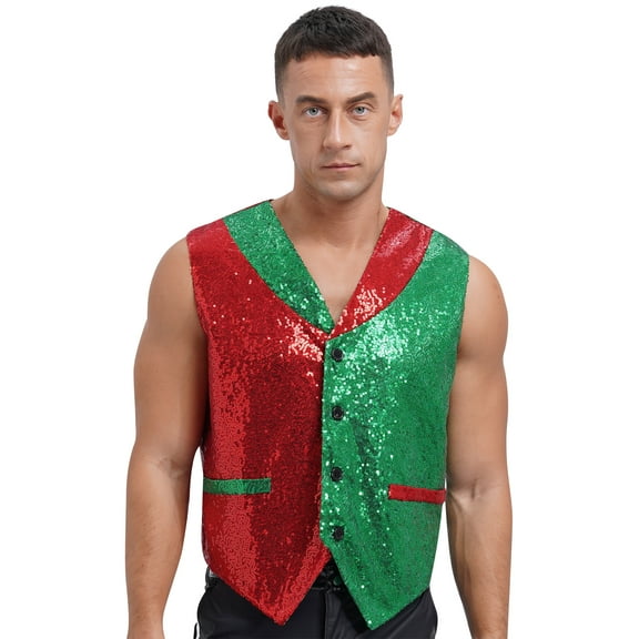 vastwit Men Full Sequins Paillette Waistcoat Christmas Santa Elf Vest Party Outfits Red&Green L