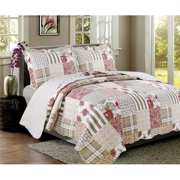 3-Piece Quilt Set Floral Patchwork Reversible Lightweight Quilt Size King