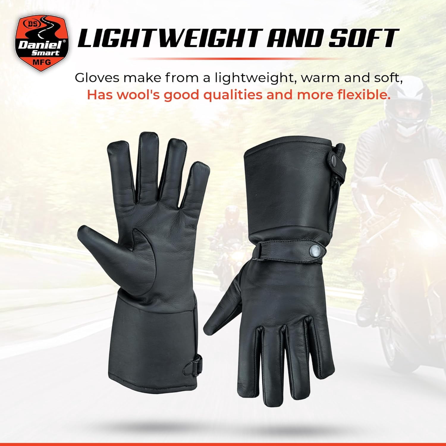 Daniel Smart Men Gauntlet Leather Gloves - Protective Motorcycle Gloves with Soft Fleece Lining and Adjustable Wrist Strap.
