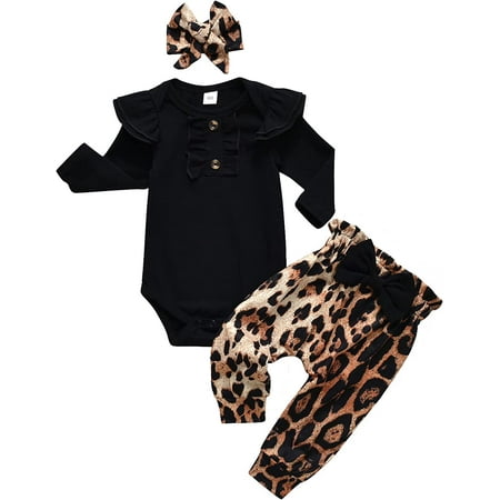 

Newborn Baby Girl Clothes Infant Ruffle Long Sleeve Romper + Leopard Pants + Headband 3PCS Outfit Set