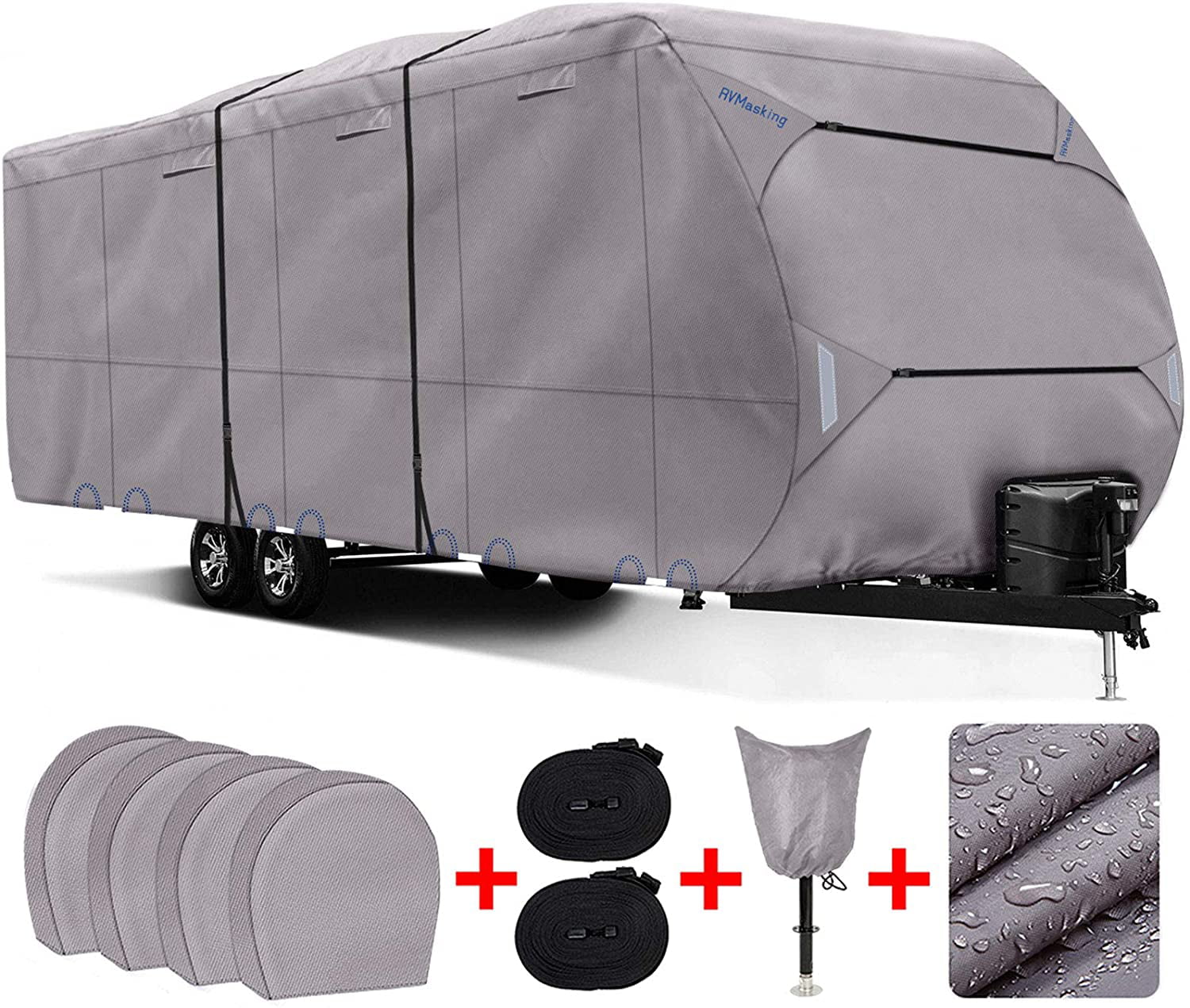 FRUNO 300D Oxford Travel Trailer RV Cover for 20-22 Camper with Tongue Jack Cover & 4 Tire Covers 