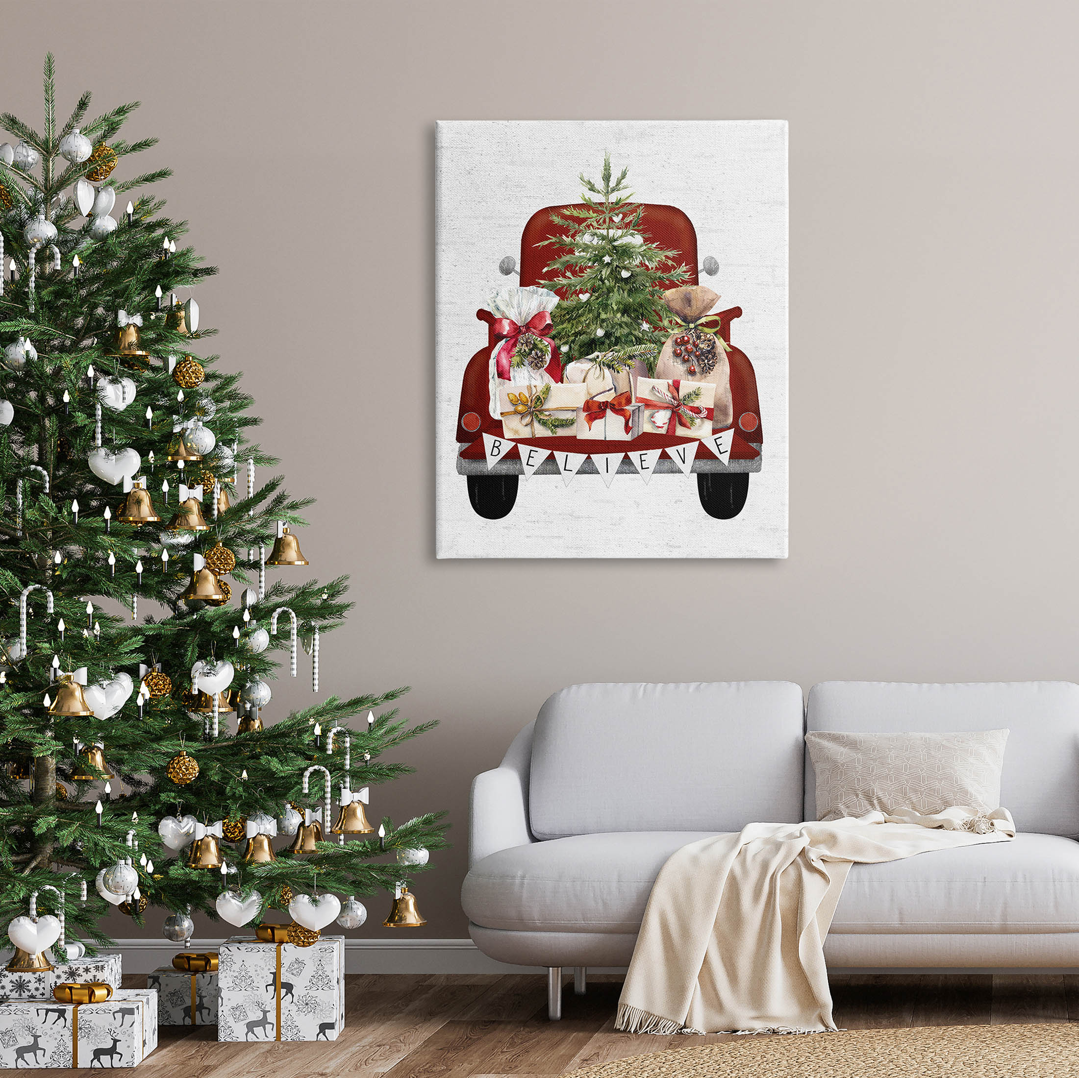 Stupell Industries Believe Seasonal Christmas Truck Graphic Art Gallery Wrapped Canvas Print Wall Art, Design by Lettered and Lined