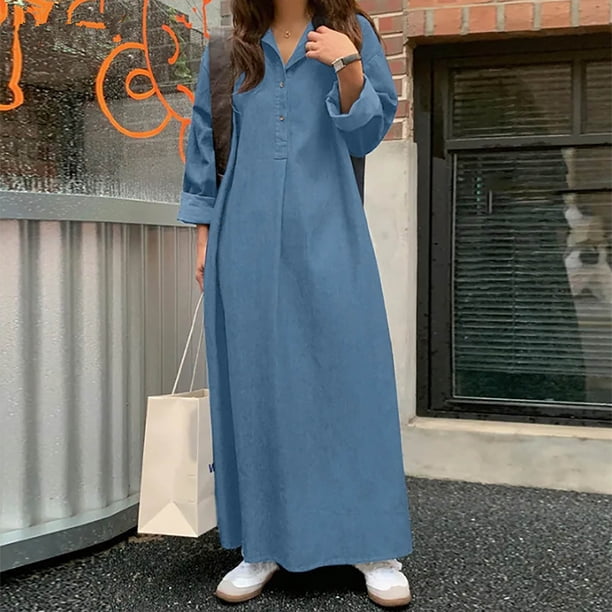 ladies denim maxi dress Aherbiu Womens Denim Maxi Dress Long Sleeve 1/4 Button Lapel V Neck Straight Line Solid Color Shirtd Dresses