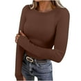 thumbnail image 2 of Tops for Women Plus Size Women's Long Sleeve Thermal Shirt for Women Tops CrewNeck T-Shirts with Thumb Holes Fall Fashion Brown XL, 2 of 9