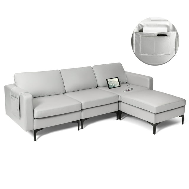 Costway Modular L-shaped Sectional Sofa with Reversible Chaise & 2 USB Ports Light Grey