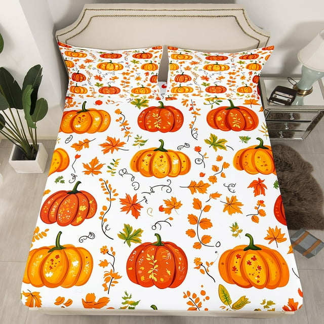 YST Drap-Housse de Style Ferme pour l'Action de Grâce, Ensemble de Literie Thème Campagne Automne pour Lit Simple, Draps de Lit Citrouille de Récolte d'Automne pour Enfants et Adultes, Housse de Lit Feuilles d'Érable Nature 1 Taie d'Oreiller