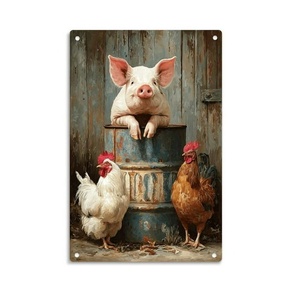 Farm Animals Pig Rooster Chicken Vintage Metal Sign Print Aesthetic Room Decoration for Home Bedroom Kitchen Bar Dorm Bathroom Wall Decor 8 X 12 Inch