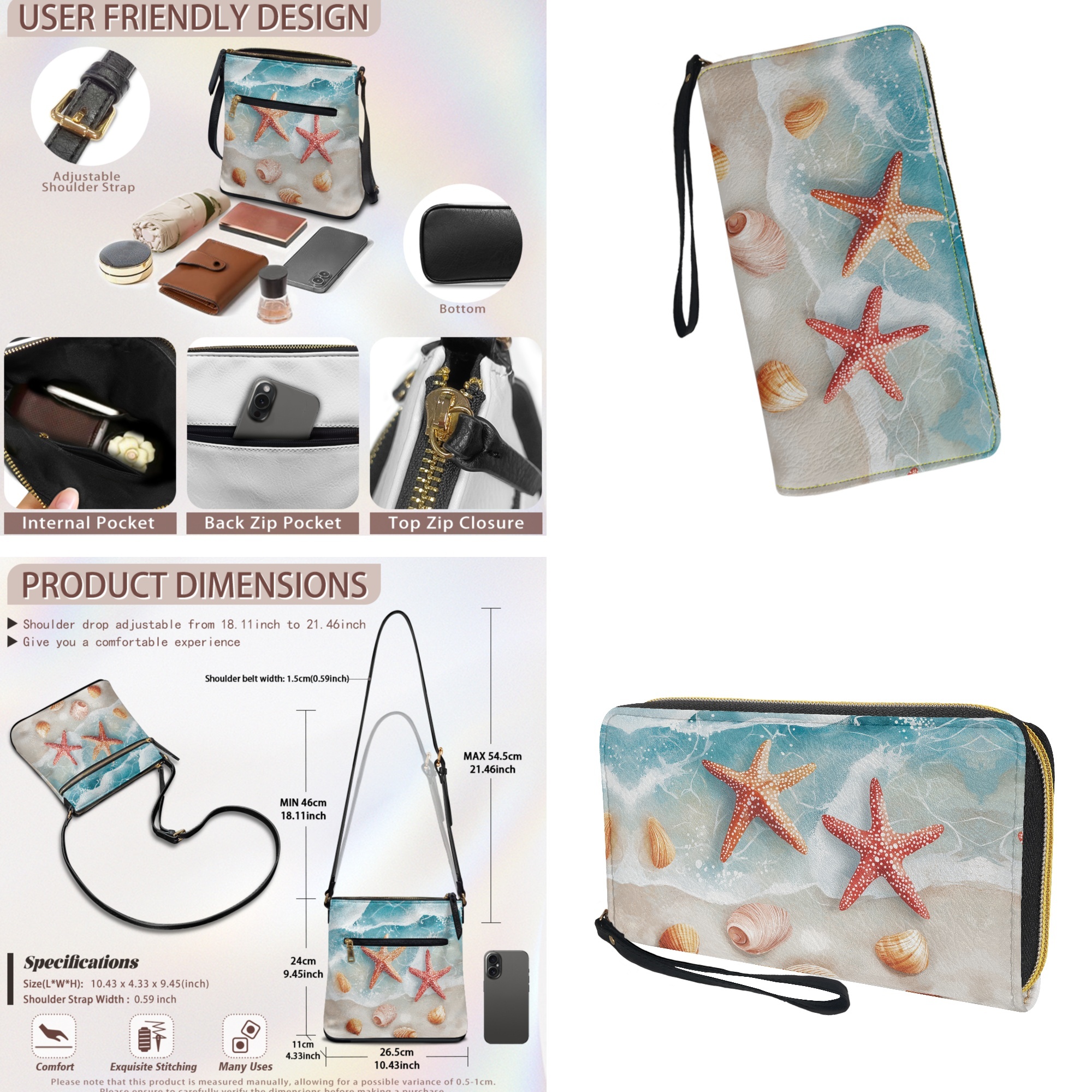 ZUXONGSY Starfish Conch Beach Print Leather Crossbody Purse & Wallet Set for Women, Large Satchel Hobo Bag with Adjustable Strap for Travel, Work & Parties
