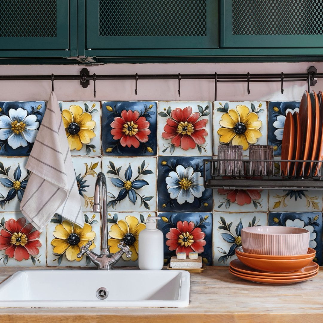 30Sheets Tile Wall Sticker Kitchen Backsplash 7.87"x7.87" Waterproof Removable DIY Flowers Decals Peel and Stick PVC Tiles