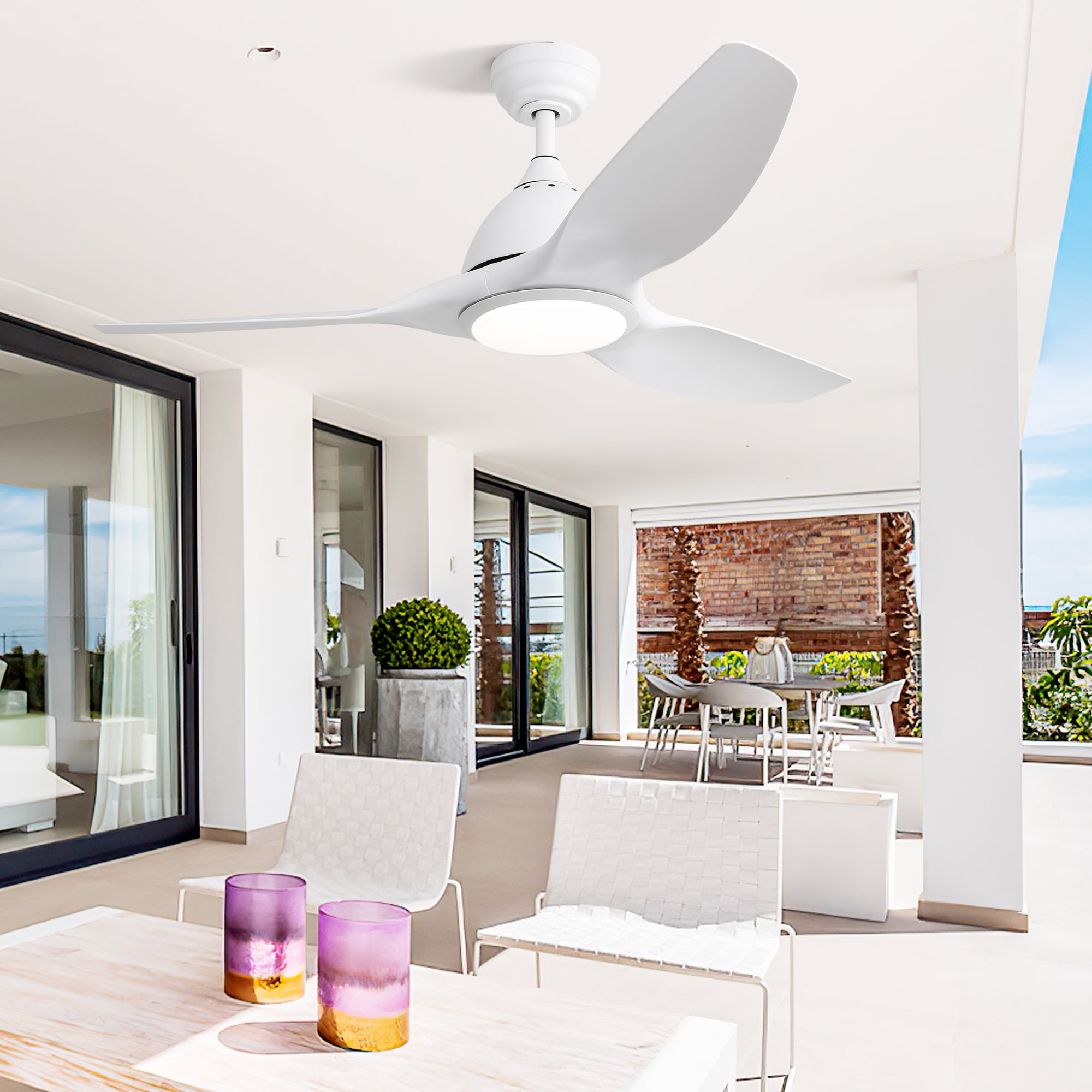 Sofucor 52 Inch Outdoor Ceiling Fans with Lights, Modern 3 Blade Ceiling Fan with Dimmable Memory LED, High 7000CFM 6-Speed 3-Timer Reversible DC Motor, for Indoor Outdoor Bedroom Living Room, White