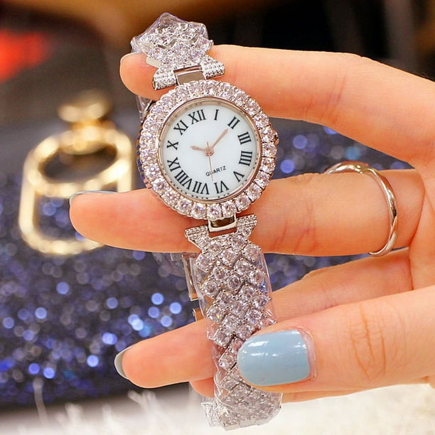 Reloj de mujer con patrón romano y diamantes, reloj de cuarzo