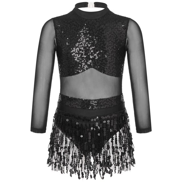 Girls Lyrical Dance Dress Long Sleeve Backless Sequin Tassel Sheer Mesh Ballet Tutu Gymnastics Leotard Stage Performance Costume10 Gong Bohan LED