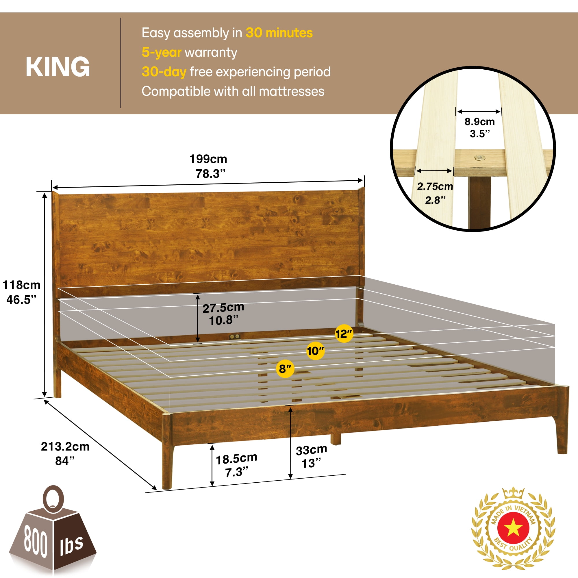 Acacia Haven King Size Bed Frame and Headboard Solid Wood Platform Bed, King Bed Frame 800 lbs Capacity, Scandinavian Signature Wood Bed Compatible with All Mattresses, Caramel