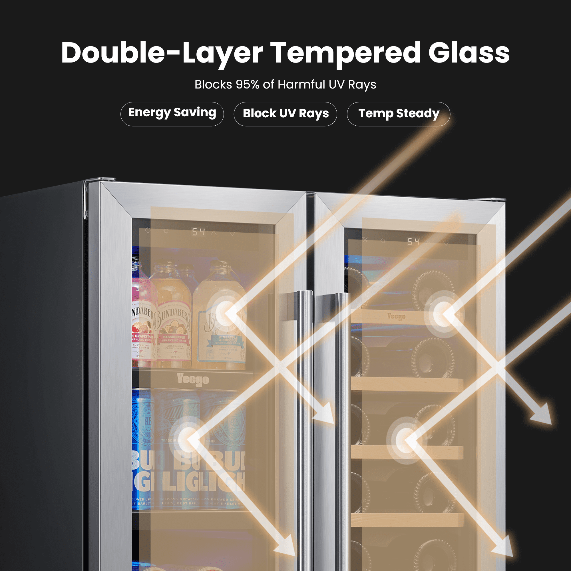Yeego 24 inch Wine and Beverage Refrigerator, 20 Bottles and 60 Cans Dual Zone Fridge with French Glass Door for Home/Office, 36℉~72℉, Built-in/ Freestanding
