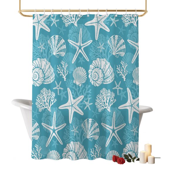 Coastal Starfish Bathroom Shower Curtains with Hooks, Summer Seashells Coral Beach Nautical Teal Blue Waterproof Fabric Washable Shower Curtain for Home Hotel Bathtub Decor 60x72 Inch