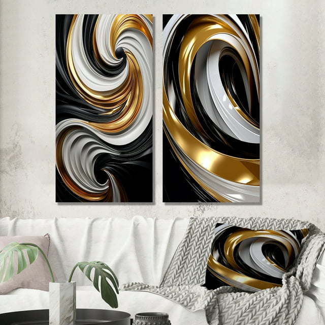 Designart "Black White Gold Swirl Liquid Dimension IV" Abstract Spirals Wall Art Set Of 2 - Transitional Gold Gallery Set For Office Decor
