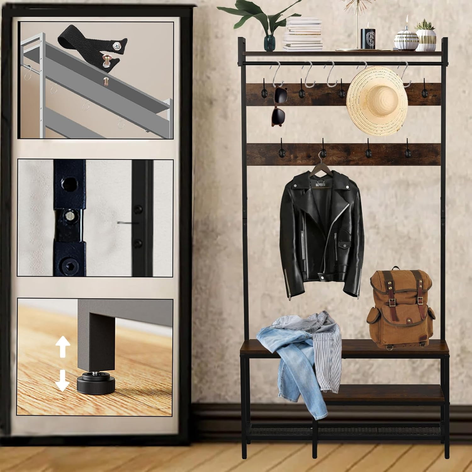 Coat Rack with Shoe Storage, Hall Tree with Bench, 5 in 1 Shoe and Coat Rack for Entryway, with 9 Hooks, A Hanging Rod, 35.5x12x70.8in