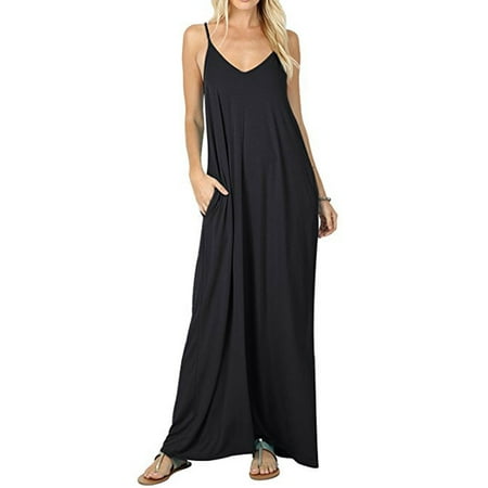 Women Boho Spaghetti Strap Sleeveless Casual Baggy Long Maxi Dresses Loose V-neck Evening Party Holiday Beach (Best Holiday Party Dresses)