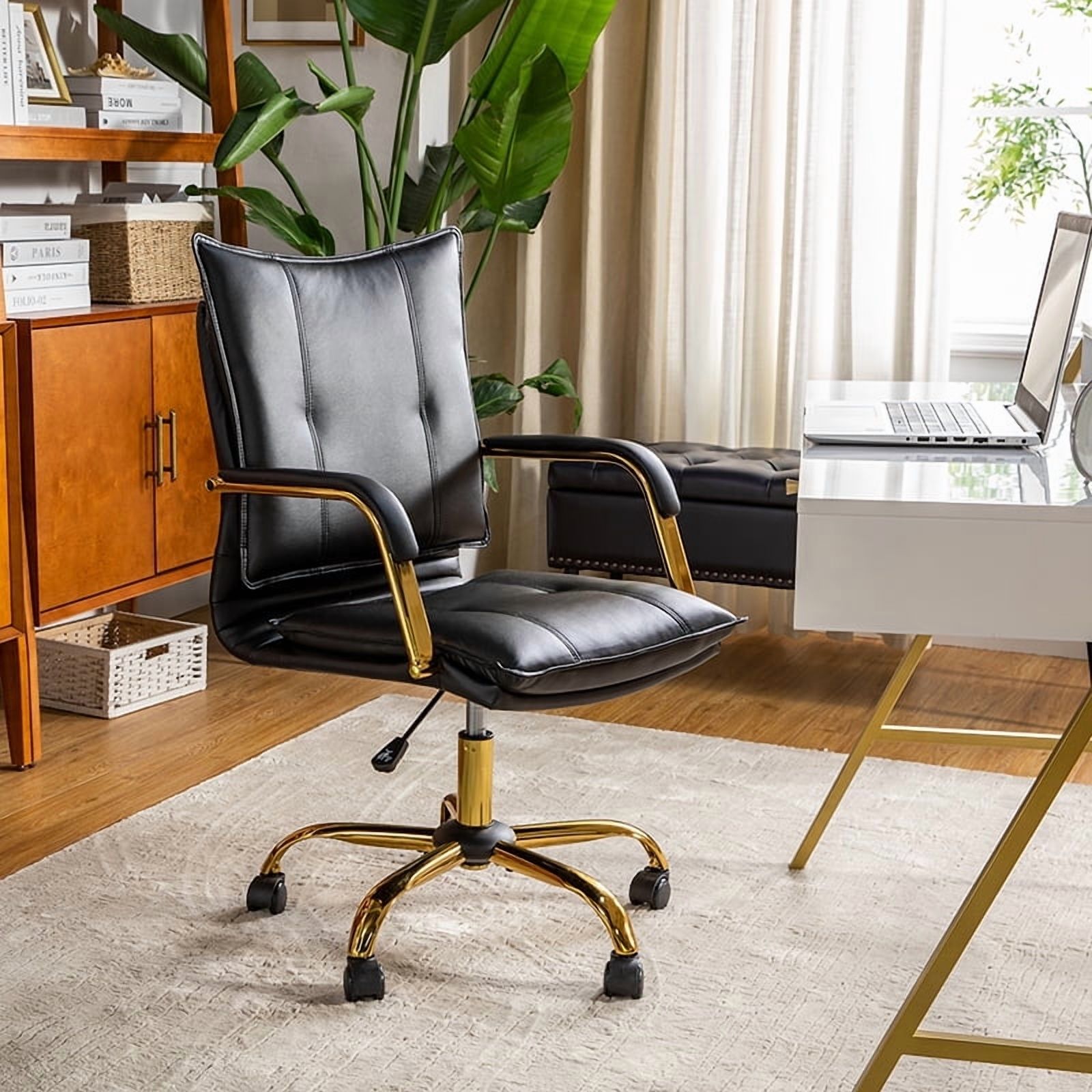 Faux Leather Office Chair Adjustable Swivel Desk Chair with Golden Legs and Arms Upholstered, Black