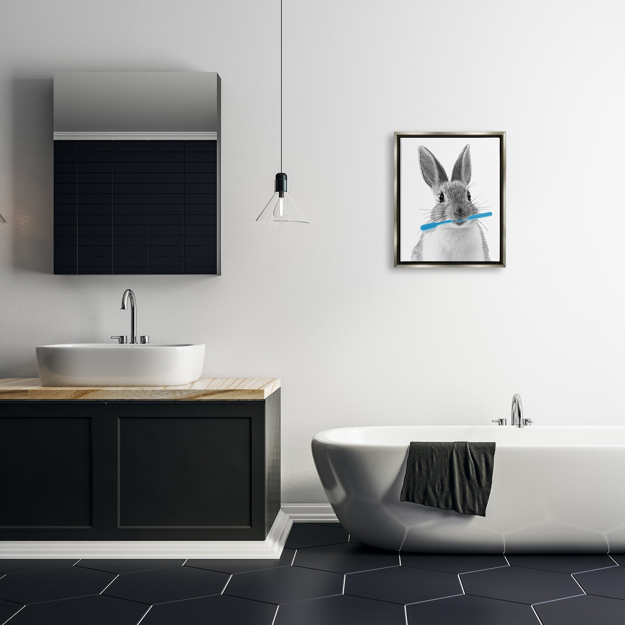 Stupell Industries Bunny Toothbrush Bathroom Animal Animals & Insects Painting Gray Floater Framed Art Print Wall Art