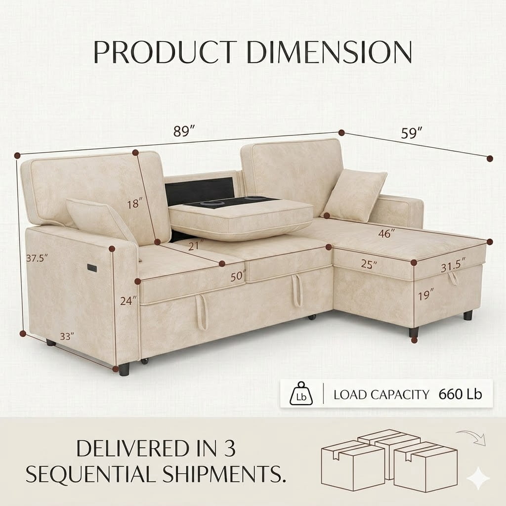 Howcool Sectional Sleeper Sofa,L Shaped Chenille Convertible Sofa Bed 89" 3 Seater with Flip-Down Center Console & USB Charging Ports,Pull Out Couch for Living Room Apartment Office,Beige