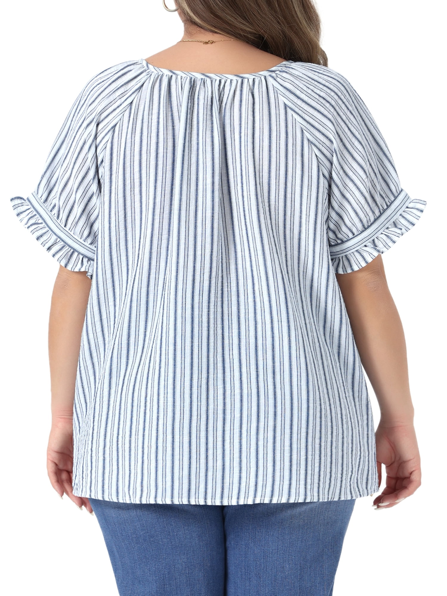 DARING DIVA Women's Plus Lined Notch V Neck Puff Stripes Shirt 2X Navy Blue