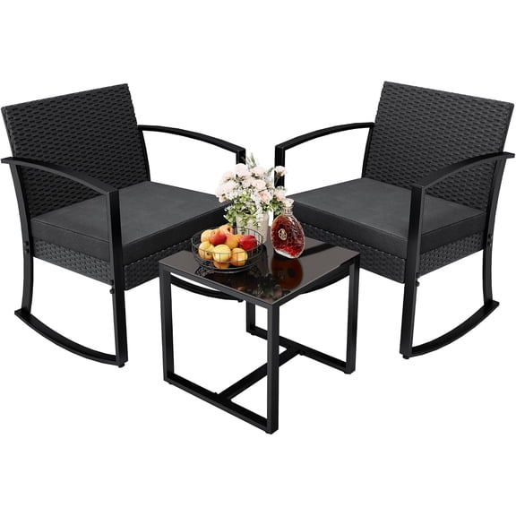Outdoor Patio Rocking Chair with Cushions and Tempered Glass Side Table, Weather-Resistant Wicker, Rust-Proof Steel Frame, 2-Piece Set