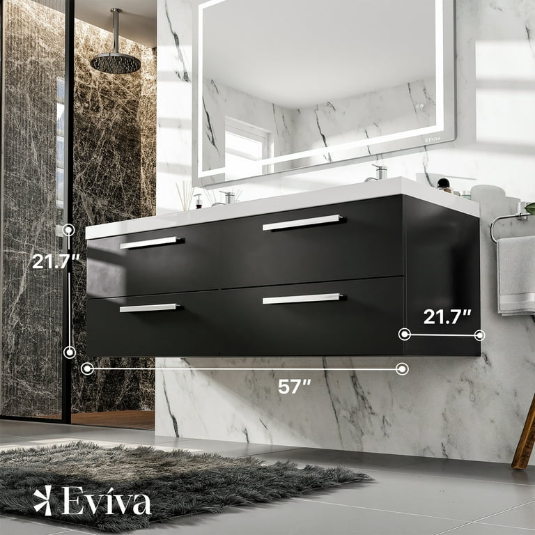 Eviva Surf 57 Black Wood Modern Bathroom Vanity Set with Integrated White Acrylic Double Sink