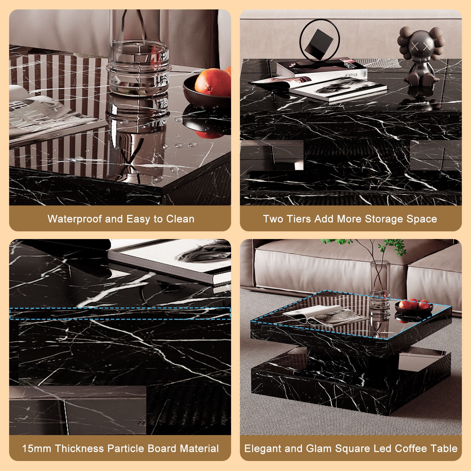 Hironpal Hironpal Modern Black Marble Square LED Coffee Table - 2-Tier Storage, 20-Color LED Light, Contemporary Glossy Cocktail Tea Table for Home Office Reception