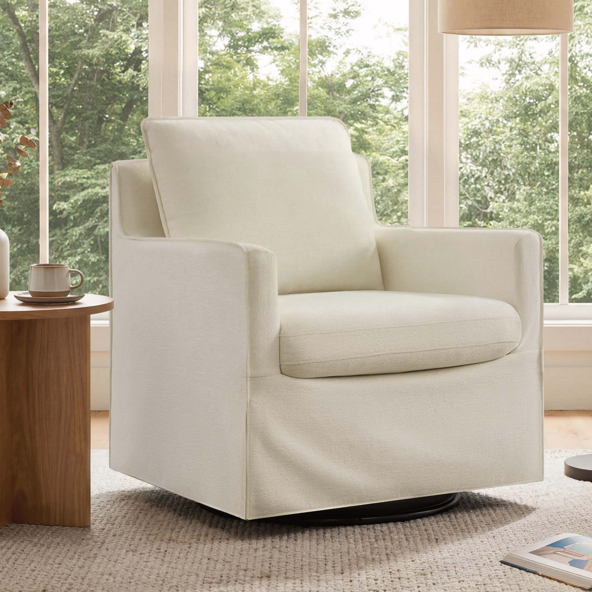 Spruce & Spring Upholstered Swivel Glider Accent Chair for Living Room, Nursery and Bedroom, Reversible Cushions, Track Arms, Modern Lounge Chair, Sand