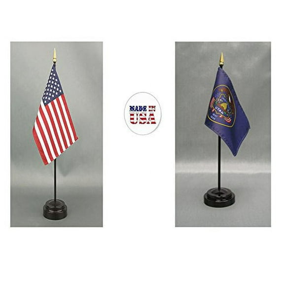 Made in The USA. 1 American and 1 Utah 4"x6" Miniature Desk & Table Flag, Includes 2 Flag Stands & 2 Small Mini Stick Flags