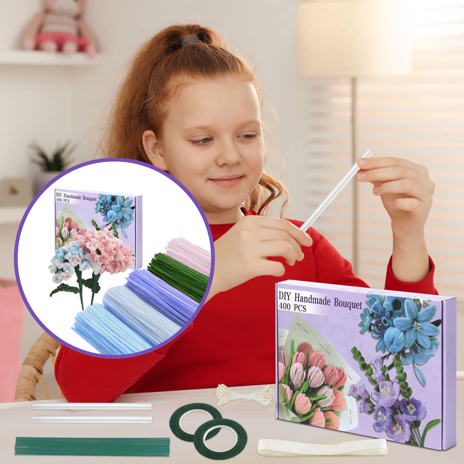 Pipe Cleaners 400-Piece Craft Kit with Assorted Colors,Flexible DIY Floral Stems for Handmade Bouquets,Long-Lasting Safe Materials for Crafting,Gifts,Decorations,and Creative Projects-B