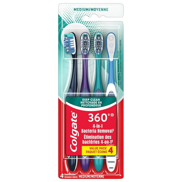 cepillo de dientes colgate 360 medium bristles, paquete de 4 — Blíster frontal con cuatro cepillos Colgate 360 para adultos, cerdas medianas; mangos ergonómicos en azul, morado, verde y blanco, cabezales con cerdas de limpieza, copas pulidoras y limpiador de lengua visibles; empaque rojo con marca Colgate y aviso 360 4‑in‑1 paquete de 4; también adecuado para llevar en estuches de viaje personales.