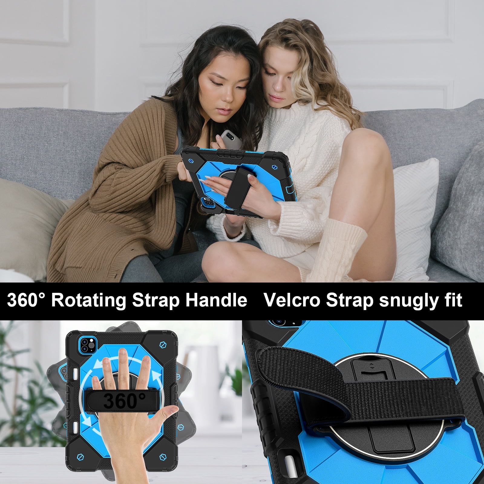 Shockproof Case for Apple iPad Pro 11 Inch 2022/2021/2020/2018 4th 3rd 2nd 1st Gen/ iPad Air 5th 4th Gen 10.9 Inch, Rotating Kickstand Pencil Holder Shoulder Strap Hand Strap Bumper Cover, Blue+Black