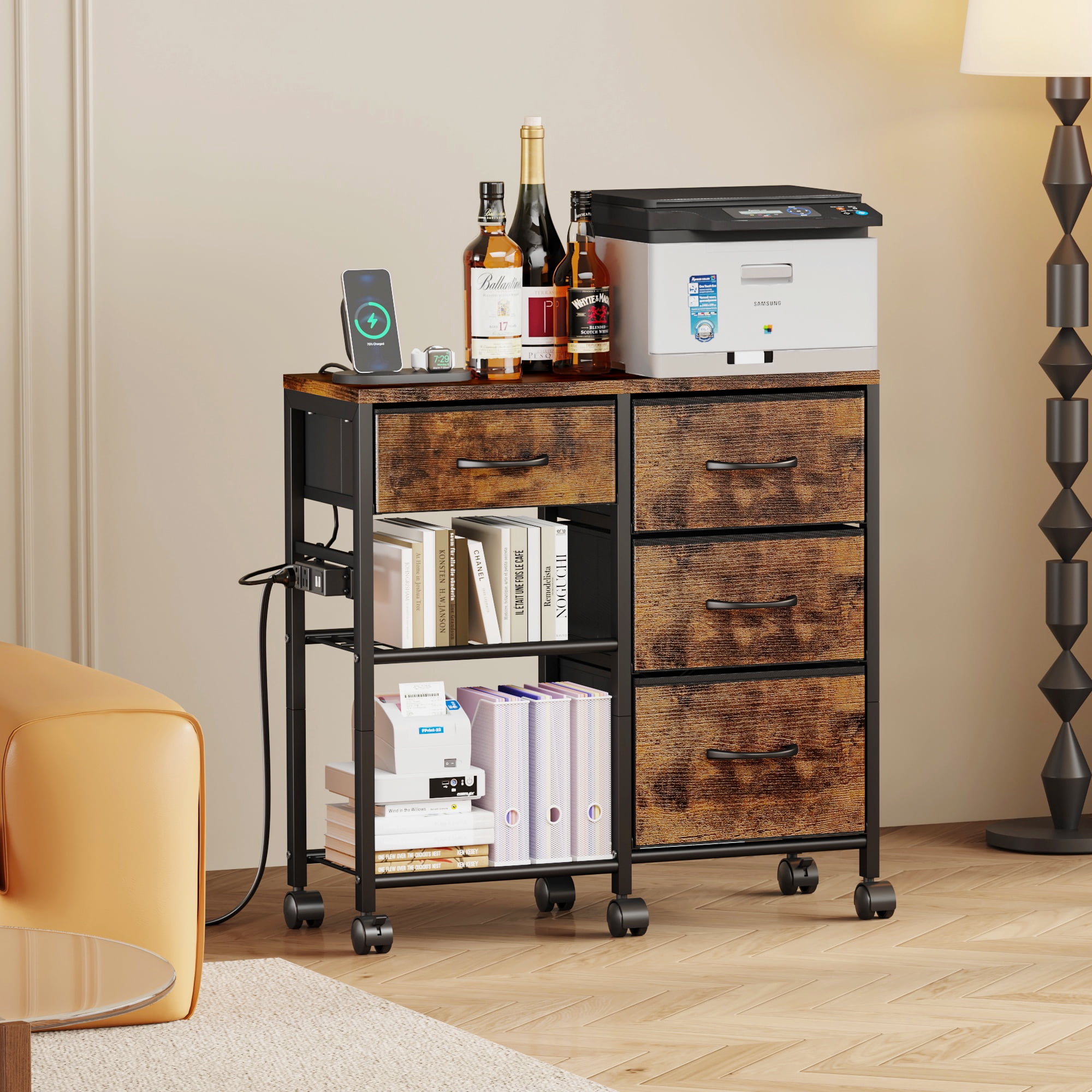 4 Drawer File Cabinet with Charging Station, Rolling Printer Stand Table with Open Storage Shelf, Mobile Fabric Filing Cabinet for Home Office, Rustic Brown