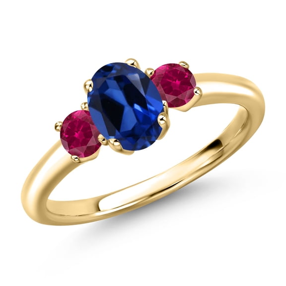 Gem Stone King 10K Yellow Gold Blue Created Sapphire and Red Created Ruby Engagement Ring for Women | 1.50 Cttw | Oval 7X5MM | Gemstone September Birthstone | Size 6