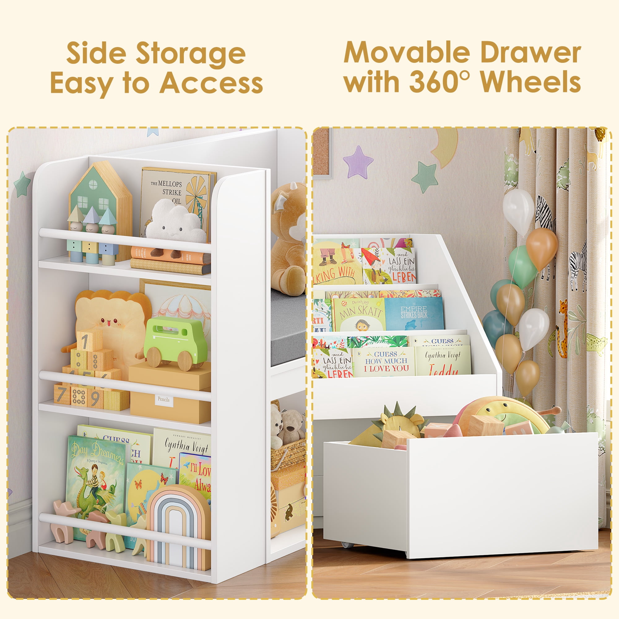 Hiphuta 49"W Kids Bookcase with Reading Nook & Side Storage, Toy Storage Organizer with Book Rack & Drawer for Kids Room