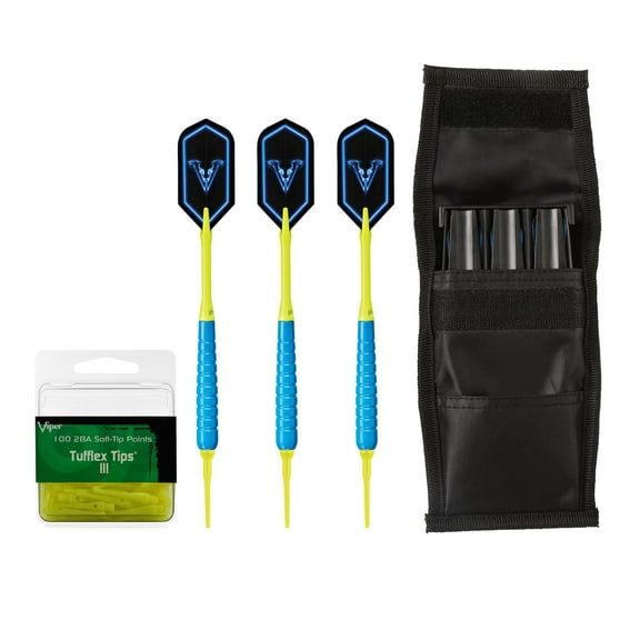 Viper V Glo Soft Tip 18gm Blue, Casemaster Single Black Dart Case, and Viper 2BA Tufflex Tips III- Neon Yellow 100ct. Box