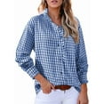 thumbnail image 2 of Women'S Plaid Ruffle V Neck Button Down Blouse Casual Long Sleeve Gingham Work Checkered Shirt Tops Blue L, 2 of 8