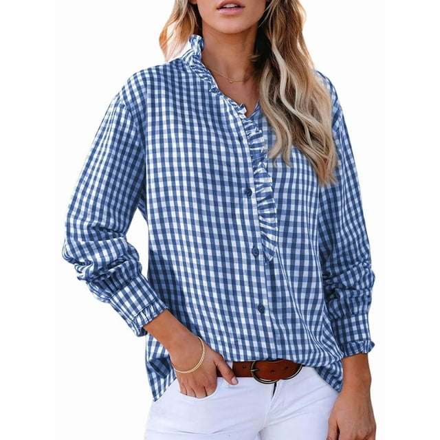 Women'S Plaid Ruffle V Neck Button Down Blouse Casual Long Sleeve Gingham Work Checkered Shirt Tops Blue L