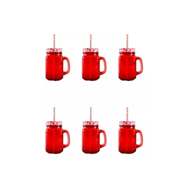 Vaso de vidrio Mason Jar Drink Lab grabado Color Rojo Con Popote 473ml 16oz transparente Reutilizable