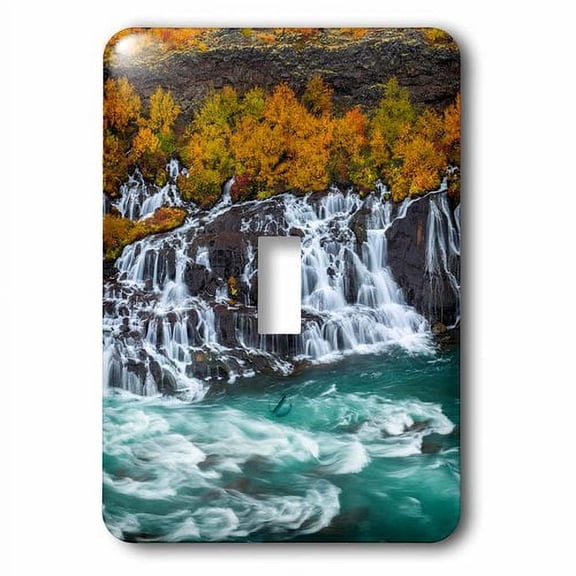 3dRose, Iceland, Hraunfossar. Autumn waterfalls flow into river., single toggle switch