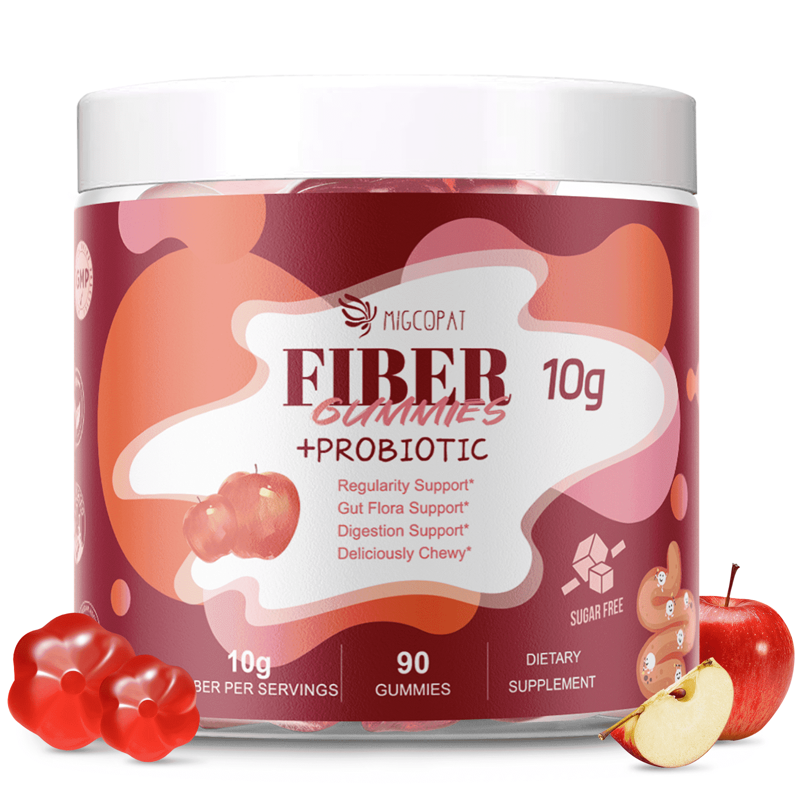Migcopat Fiber Gummies with Probiotics, 10g Fiber per Serving, No Sugar Added, Apple Flavor, Supports Digestive & Gut Health, 90 Gummies