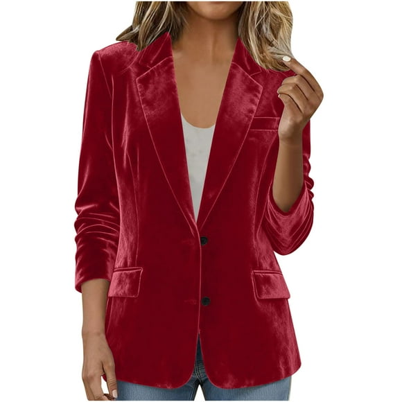 Women's Solid Gold Velvet Lapel Suit with Fake Pockets