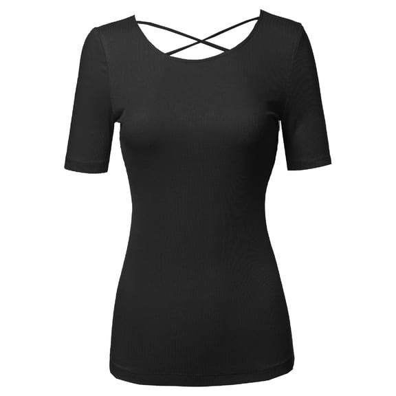 FashionOutfit Women's Solid Soft Stretch Short Sleeve Cross Strap Back T-shirt Top