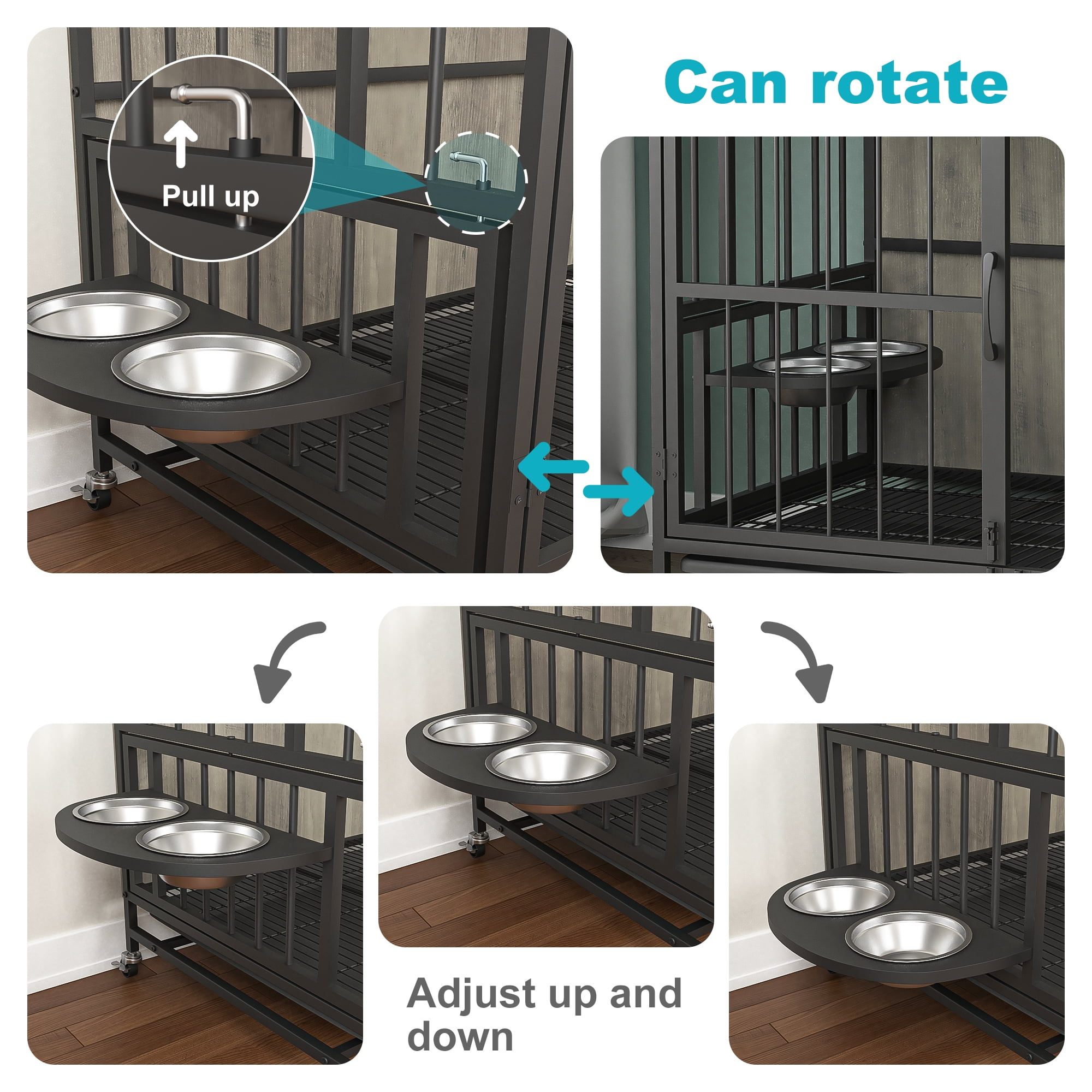 Hommoo Modern Kennel Dogs Room, Double-Door Dog House with Removable Tray, Lift Panel, Adjustable Feeding Bowls, Dog Crate Cage for up to 80 lb, Grey