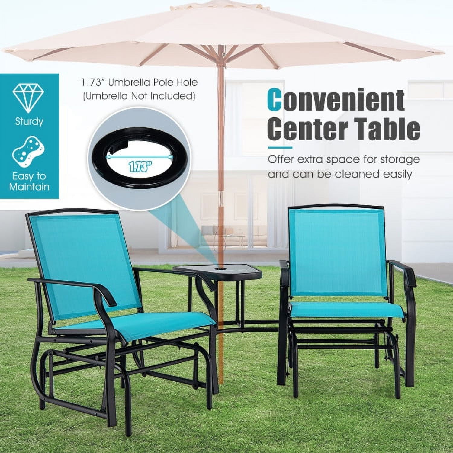 Aimee Lii Patio Conversation Sets, Double Swing Glider Rocker Chair Set with Glass Table, Turquoise
