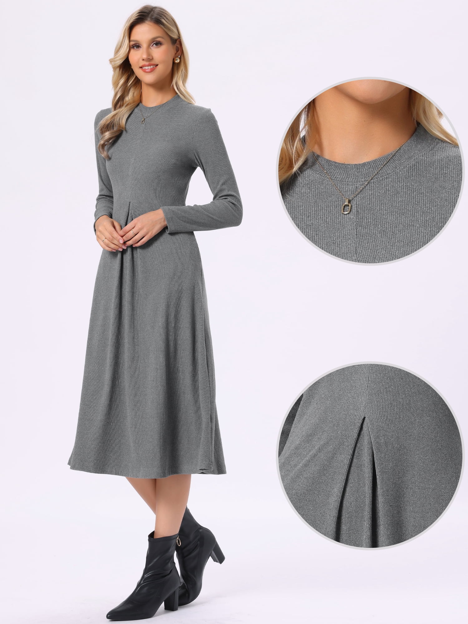 DARING DIVA Women's Ribbed Knit Long Sleeve Crew Neck with Pockets Dress XS Gray